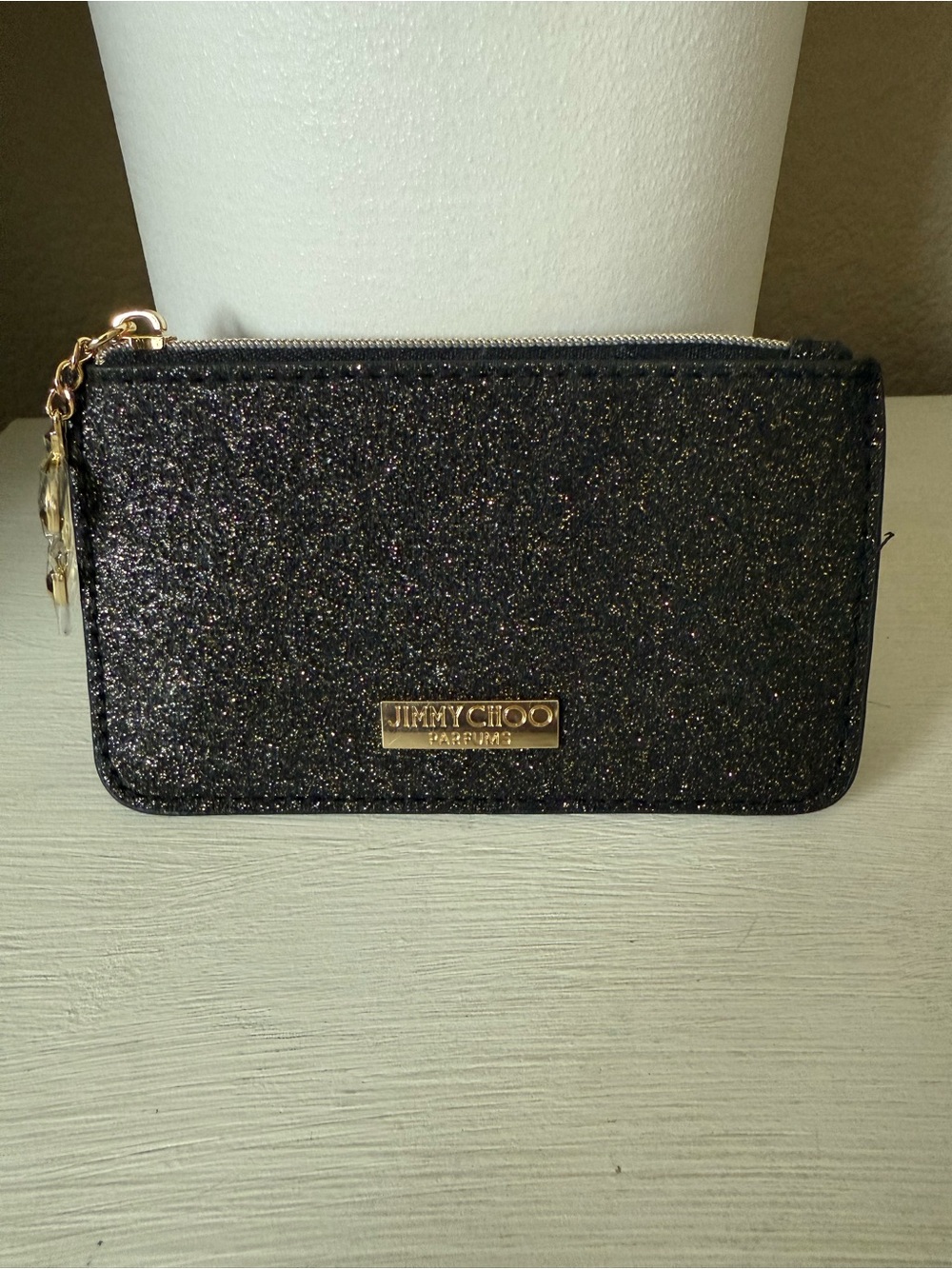 NWOT JIMMY CHOO Parfums MINI Black Sparkling Pouch Coin Bag Gold Hardware
